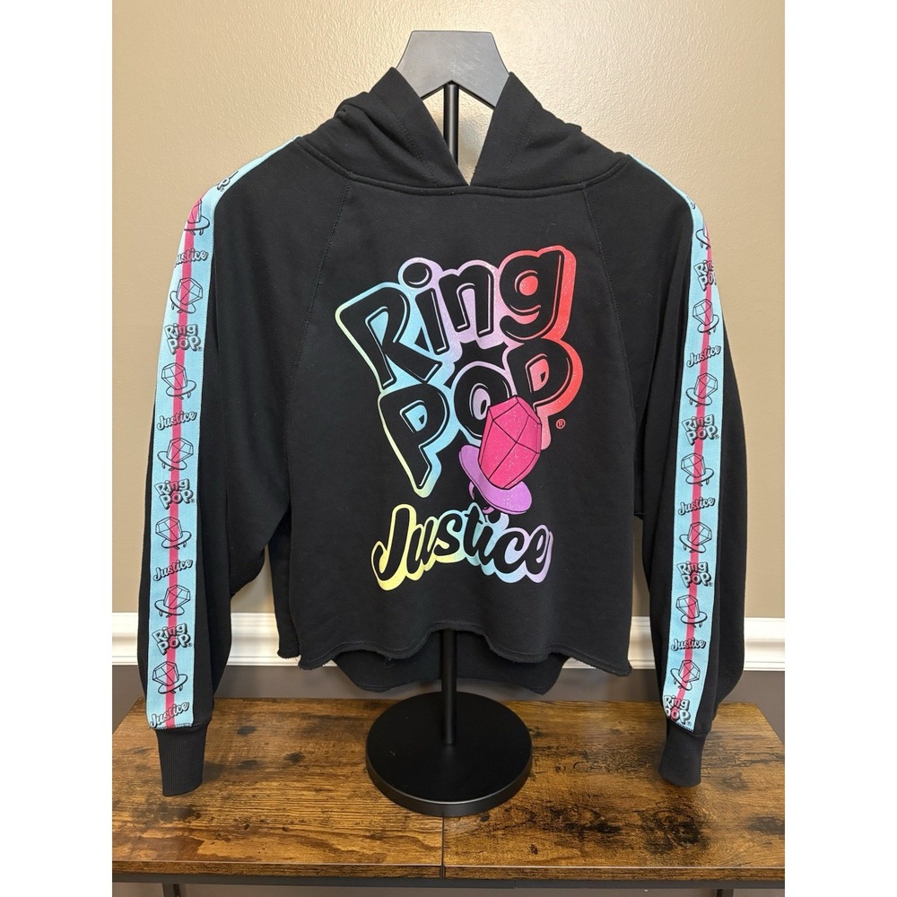 Justice Bazooka Ring Pop Cropped Hoodie Black Graphic Sweatshirt Girls L 12/14
